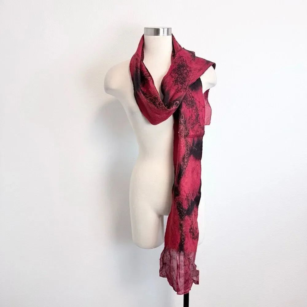 Vintage Y2K Red Black Felt Tie Dye Watercolor Scarf Floral Abstract Embroidered